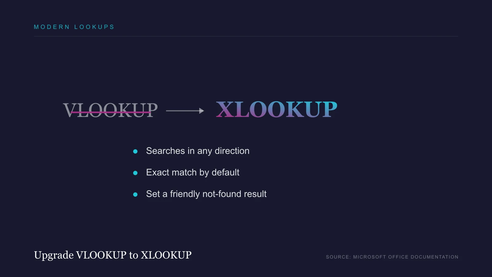 Upgrade from VLOOKUP to XLOOKUP: any direction, exact match by default, friendly not-found result