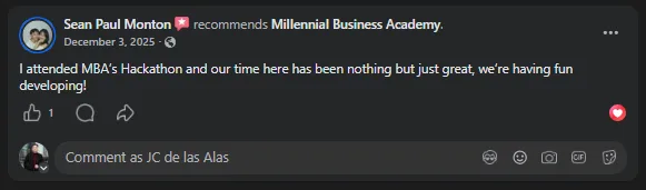 Facebook recommendation from Sean Paul Monton praising the MBA hackathon experience