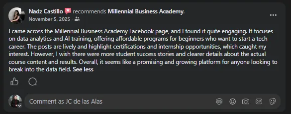 Facebook recommendation from Nadz Castillo on MBA's affordable data analytics and AI training for beginners
