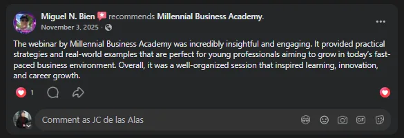 Facebook recommendation from Miguel N. Bien calling the MBA webinar practical and well organized