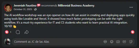 Facebook recommendation from Jeremiah Faustino rating the AI workflow workshop 10 out of 10