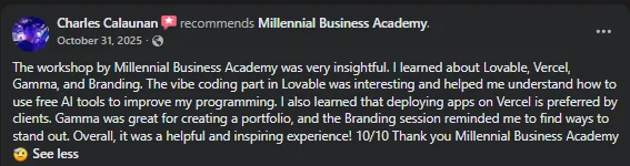 Facebook recommendation from Charles Calaunan on MBA's AI tools and vibe-coding workshop
