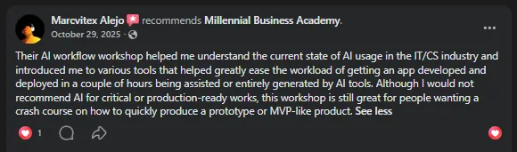 Facebook recommendation from Marcvitex Alejo on MBA's AI workflow workshop for rapid prototyping