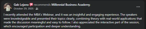 Facebook recommendation from Gab Lejano calling the MBA webinar insightful and interactive