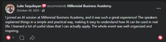 Facebook recommendation from Luke Saquilayan on MBA's practical, well-organized AI session