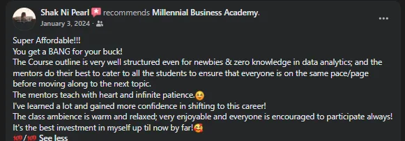 Facebook recommendation from Shak Ni Pearl on MBA's affordable, beginner-friendly data analytics bootcamp