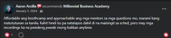 Facebook recommendation from Aaron Arcilla on MBA's affordable bootcamp and approachable mentors