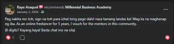 Facebook recommendation from Kaye Araquel, a freelancer vouching for the MBA mentors and community