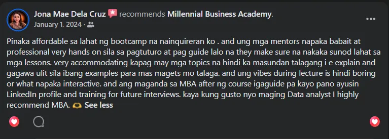 Facebook recommendation from Jona Mae Dela Cruz on MBA's hands-on mentors and career guidance for aspiring data analysts