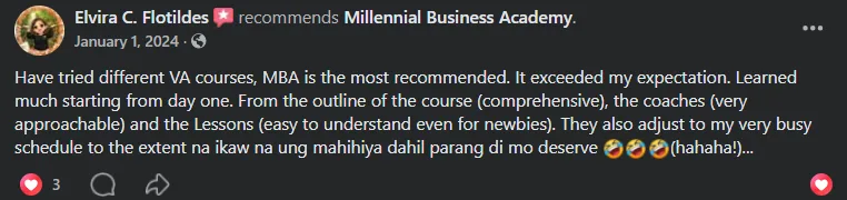 Facebook recommendation from Elvira C. Flotildes calling MBA the most recommended VA course she has tried
