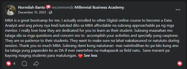Facebook recommendation from Normilah Banto on MBA's affordable, dedicated data analytics bootcamp