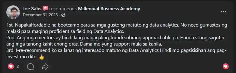 Facebook recommendation from Joe Sabs recommending MBA's affordable data analytics bootcamp and supportive mentors